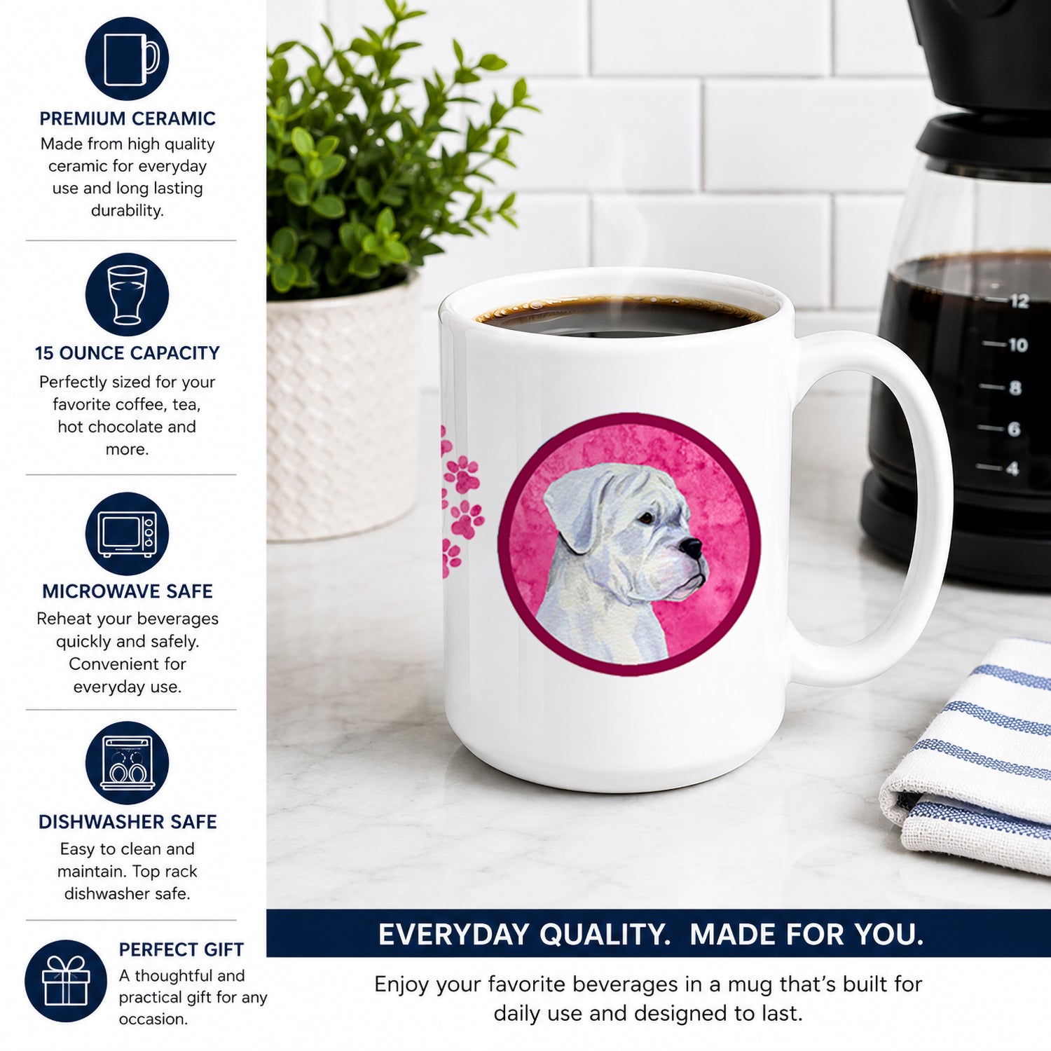 Pink White Natural Eared Boxer Ceramic Coffee Mug 15 oz Decorative Large C Handle Mug Cup for Tea, Cocoa Hot Chocolate