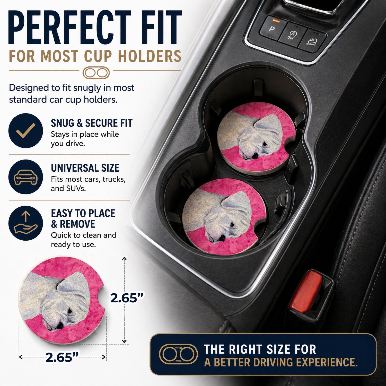 Pink White Natural Eared Boxer Set of 2 Cup Holder Car Coasters Absorbent Round Sandstone Coasters Gifts for Men or Women, 2.5, Multicolor