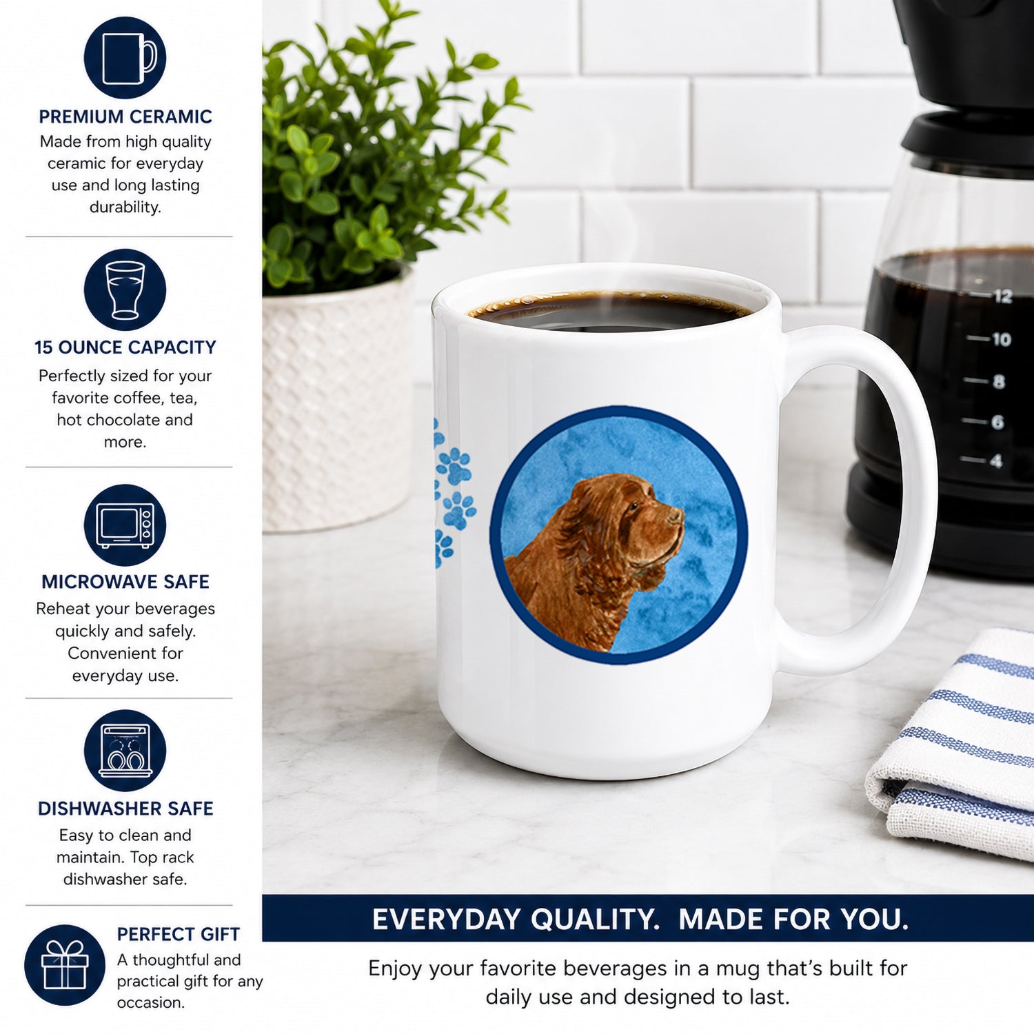 Blue Sussex Spaniel Ceramic Coffee Mug 15 oz Decorative Large C Handle Mug Cup for Tea, Cocoa Hot Chocolate
