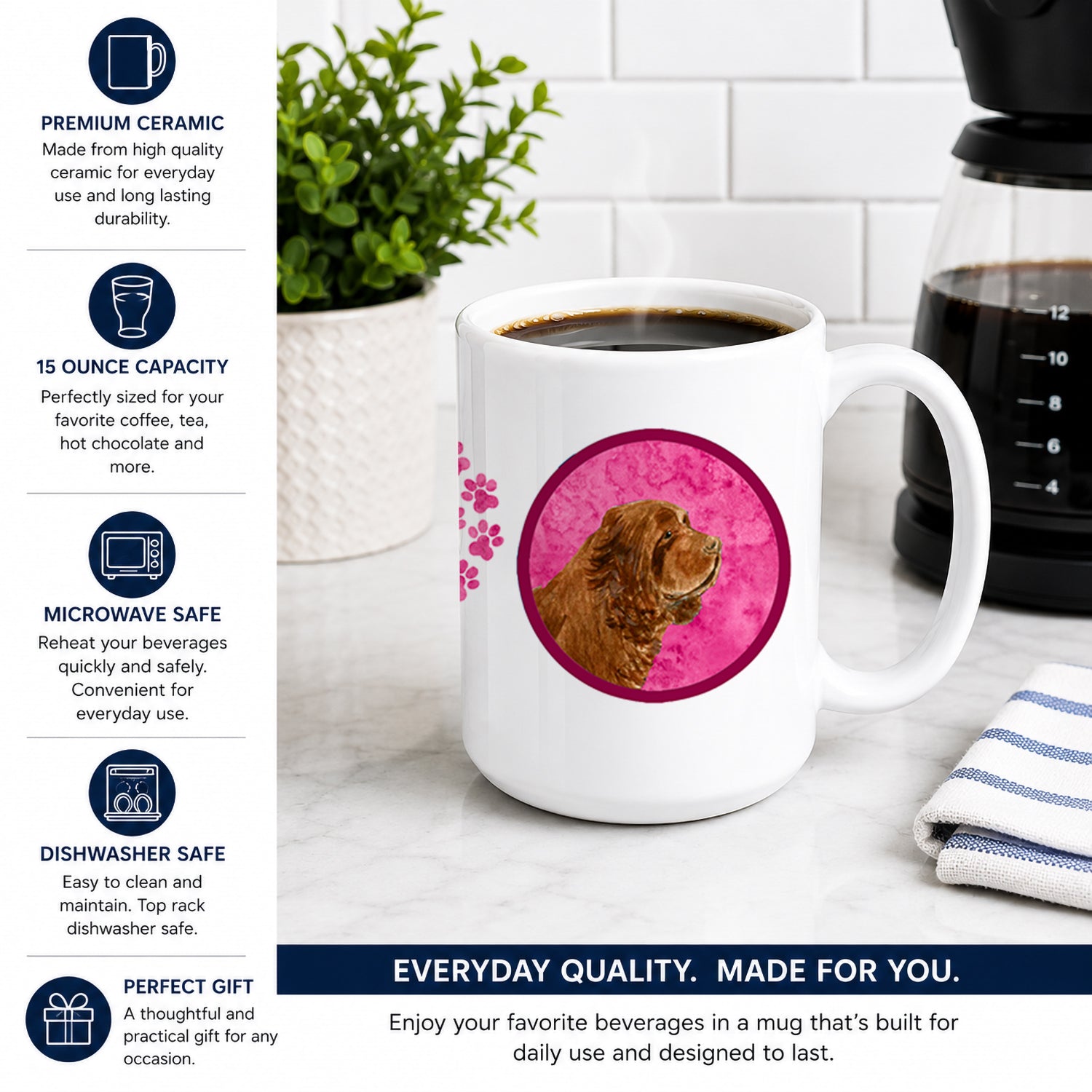 Pink Sussex Spaniel Ceramic Coffee Mug 15 oz Decorative Large C Handle Mug Cup for Tea, Cocoa Hot Chocolate