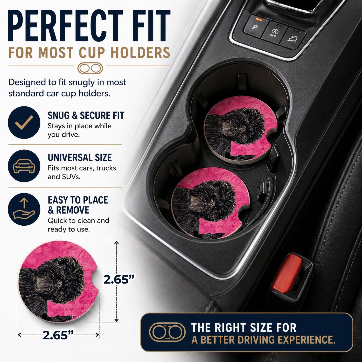 Pink Affenpinscher Set of 2 Cup Holder Car Coasters Absorbent Round Sandstone Coasters Gifts for Men or Women, 2.5, Multicolor