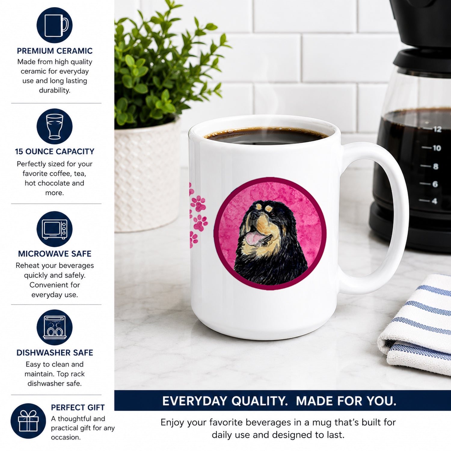 Pink Tibetan Mastiff Ceramic Coffee Mug 15 oz Decorative Large C Handle Mug Cup for Tea, Cocoa Hot Chocolate