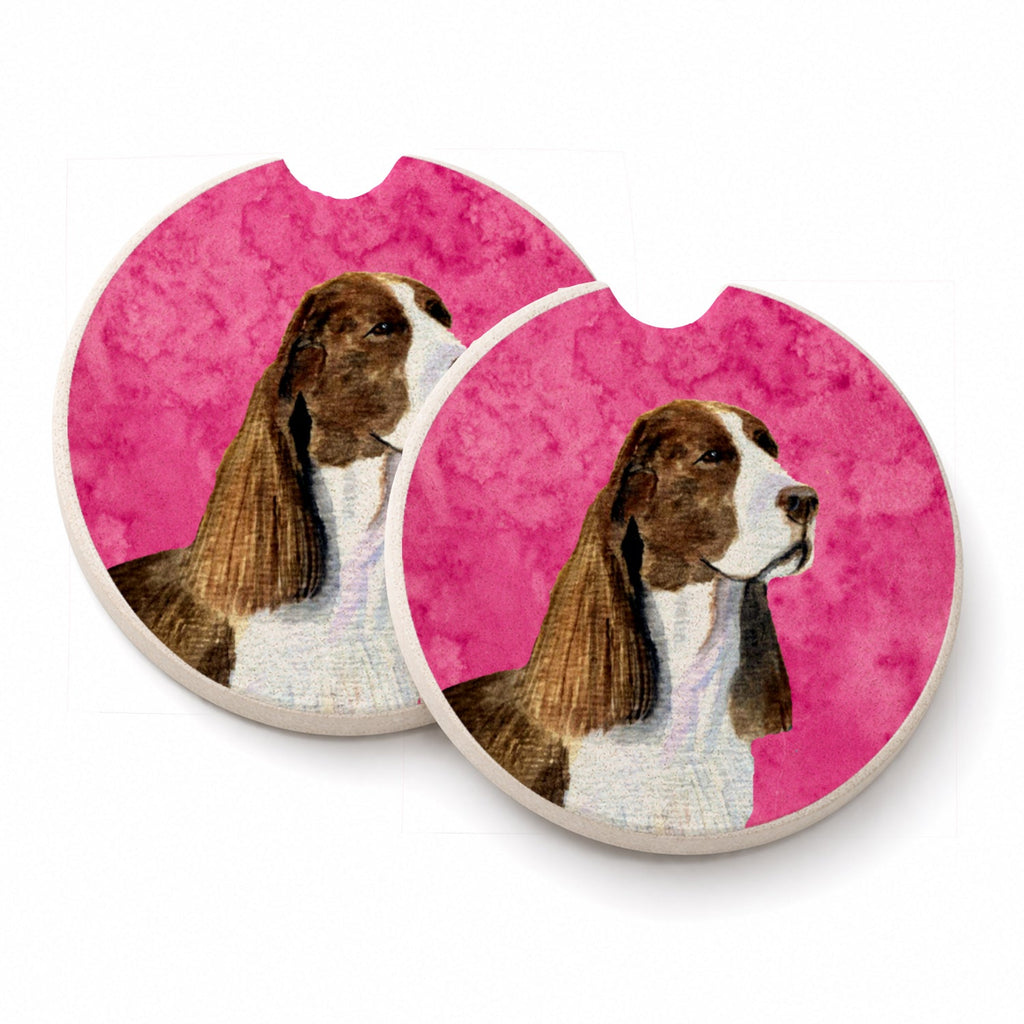 Pink Springer Spaniel Set of 2 Cup Holder Car Coasters Absorbent Round Sandstone Coasters Gifts for Men or Women, 2.5, Multicolor