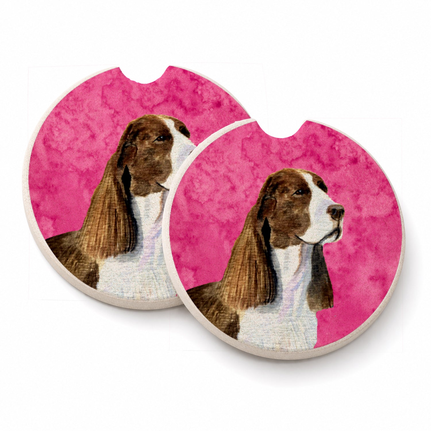 Pink Springer Spaniel Set of 2 Cup Holder Car Coasters Absorbent Round Sandstone Coasters Gifts for Men or Women, 2.5, Multicolor