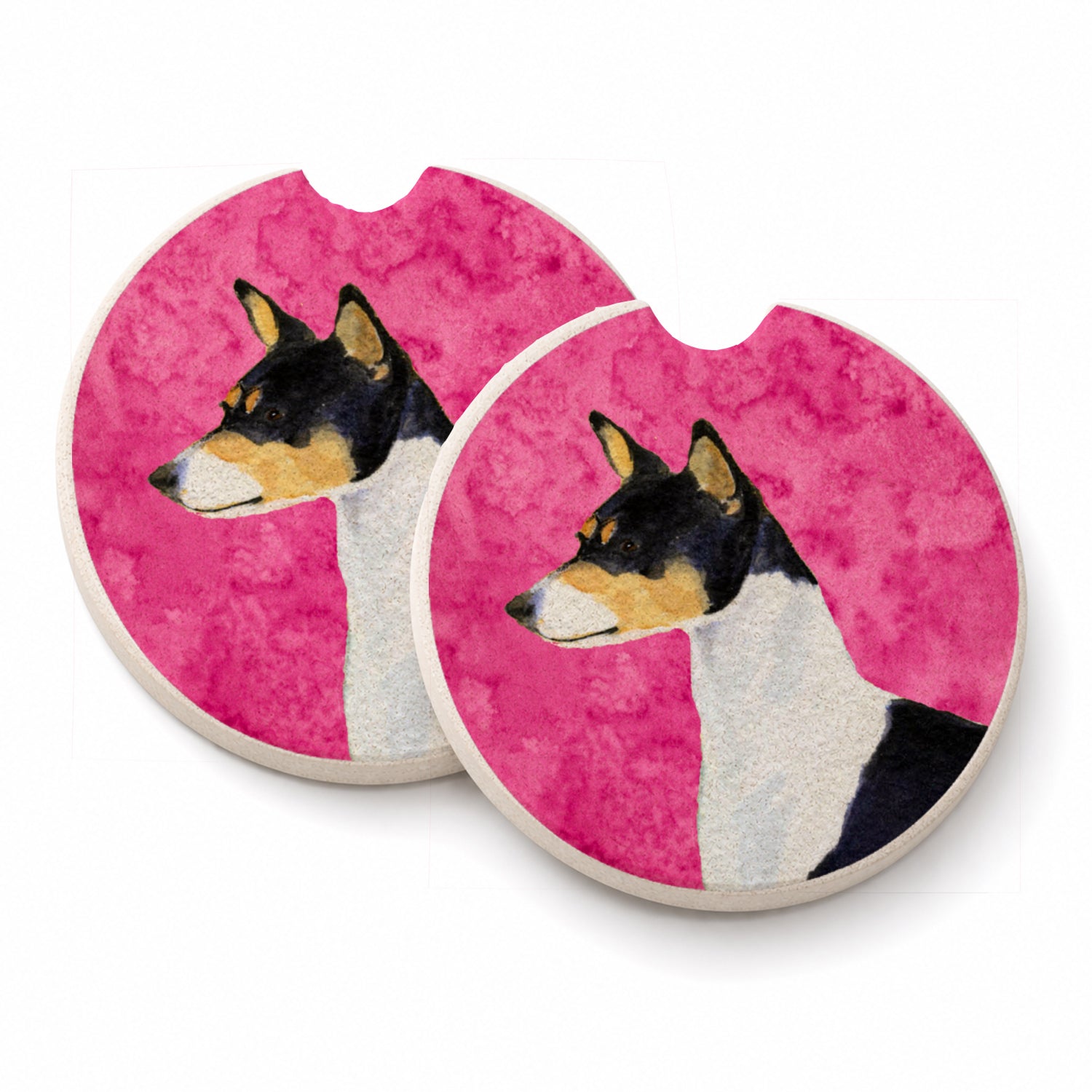 Pink Basenji Set of 2 Cup Holder Car Coasters Absorbent Round Sandstone Coasters Gifts for Men or Women, 2.5, Multicolor