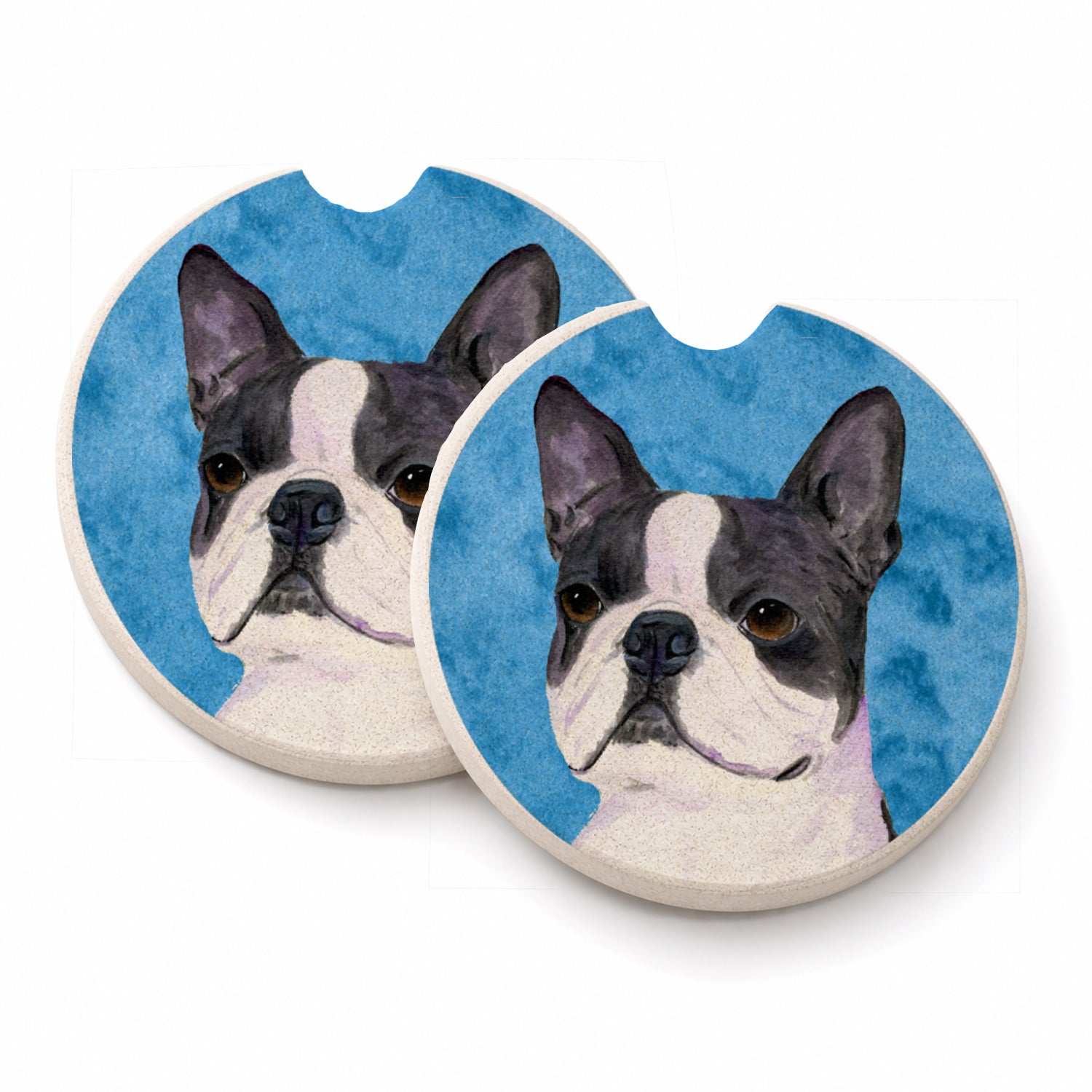 Blue Boston Terrier Set of 2 Cup Holder Car Coasters Absorbent Round Sandstone Coasters Gifts for Men or Women, 2.5, Multicolor