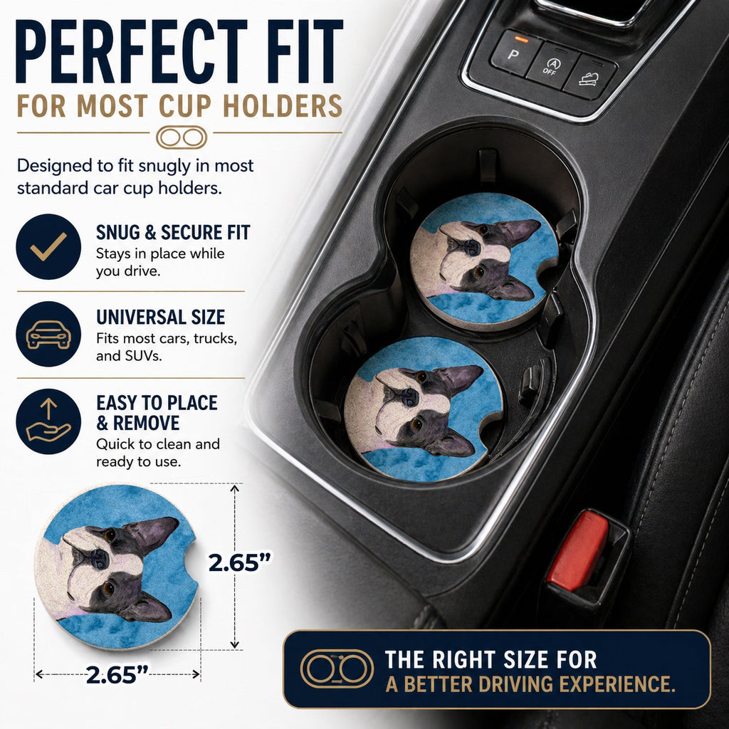 Blue Boston Terrier Set of 2 Cup Holder Car Coasters Absorbent Round Sandstone Coasters Gifts for Men or Women, 2.5, Multicolor