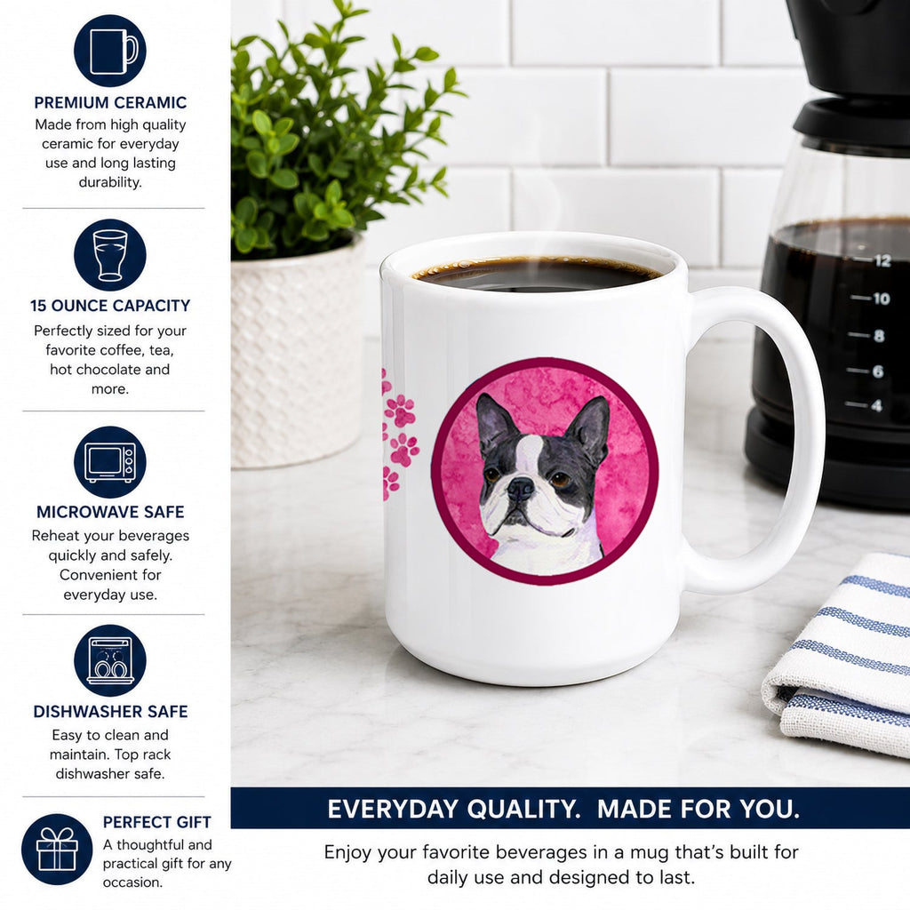 Pink Boston Terrier Ceramic Coffee Mug 15 oz Decorative Large C Handle Mug Cup for Tea, Cocoa Hot Chocolate
