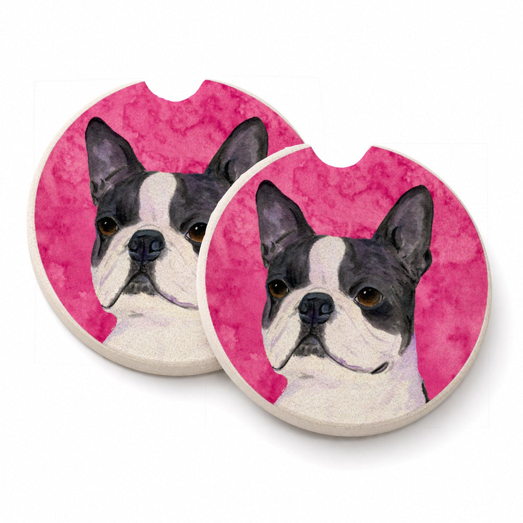 Pink Boston Terrier Set of 2 Cup Holder Car Coasters Absorbent Round Sandstone Coasters Gifts for Men or Women, 2.5, Multicolor