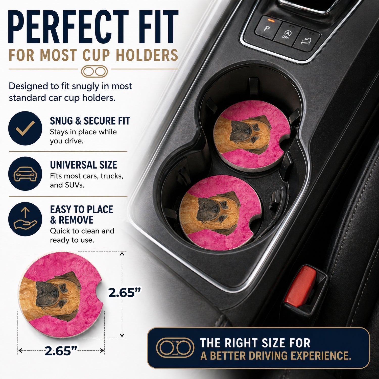 Pink Bullmastiff Set of 2 Cup Holder Car Coasters Absorbent Round Sandstone Coasters Gifts for Men or Women, 2.5, Multicolor