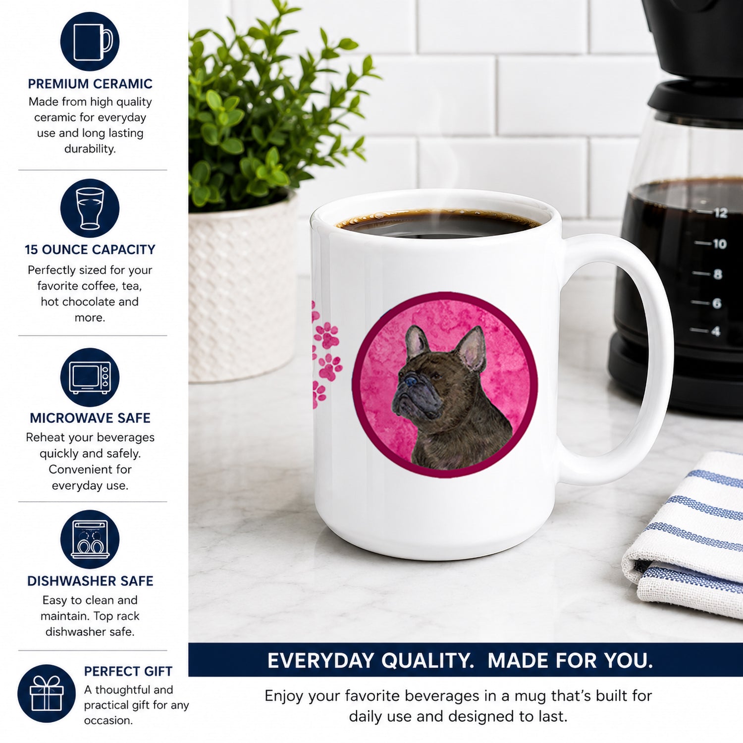 Pink French Bulldog Ceramic Coffee Mug 15 oz Decorative Large C Handle Mug Cup for Tea, Cocoa Hot Chocolate