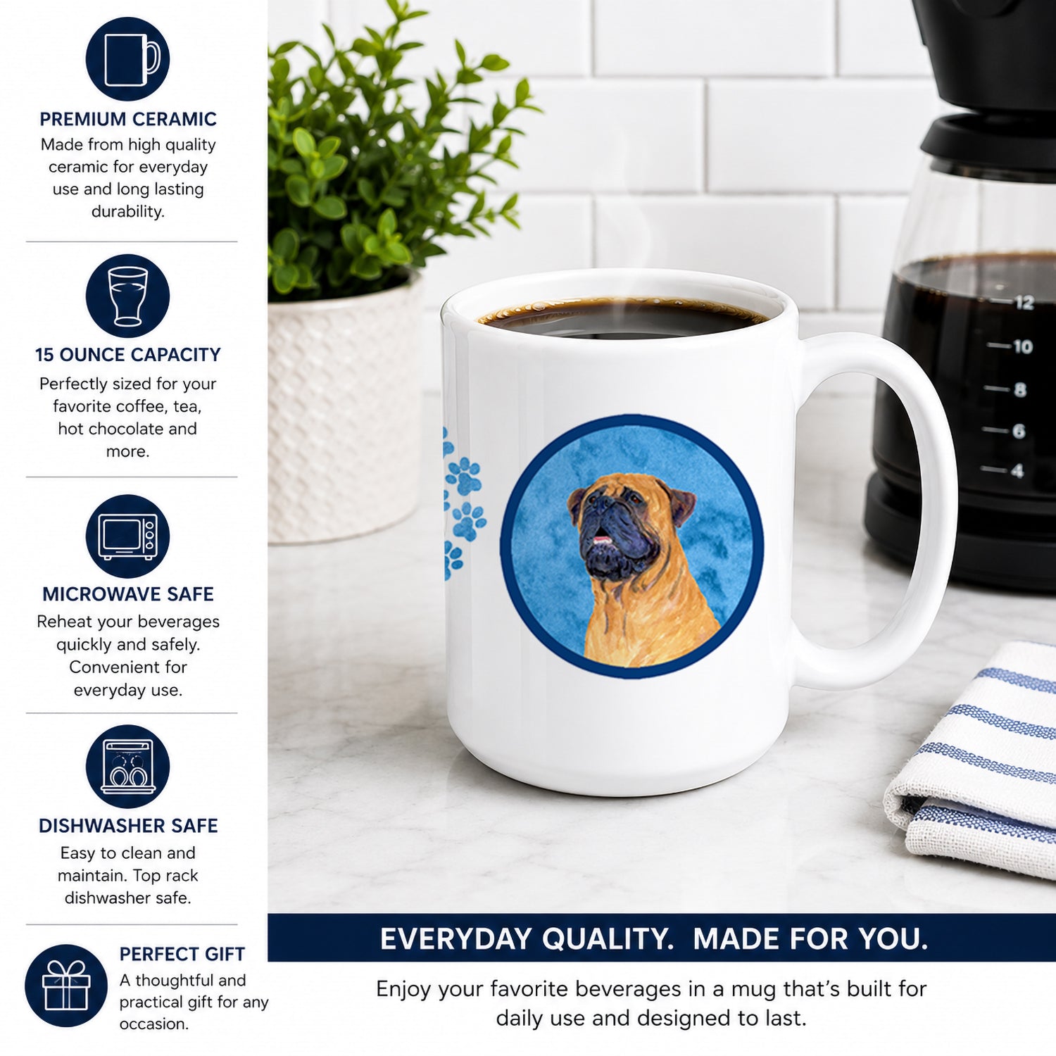 Blue Mastiff Ceramic Coffee Mug 15 oz Decorative Large C Handle Mug Cup for Tea, Cocoa Hot Chocolate