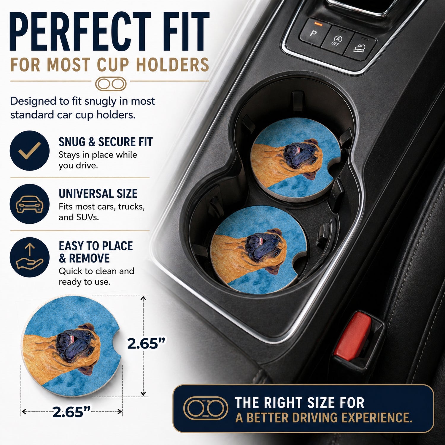 Blue Mastiff Set of 2 Cup Holder Car Coasters Absorbent Round Sandstone Coasters Gifts for Men or Women, 2.5, Multicolor
