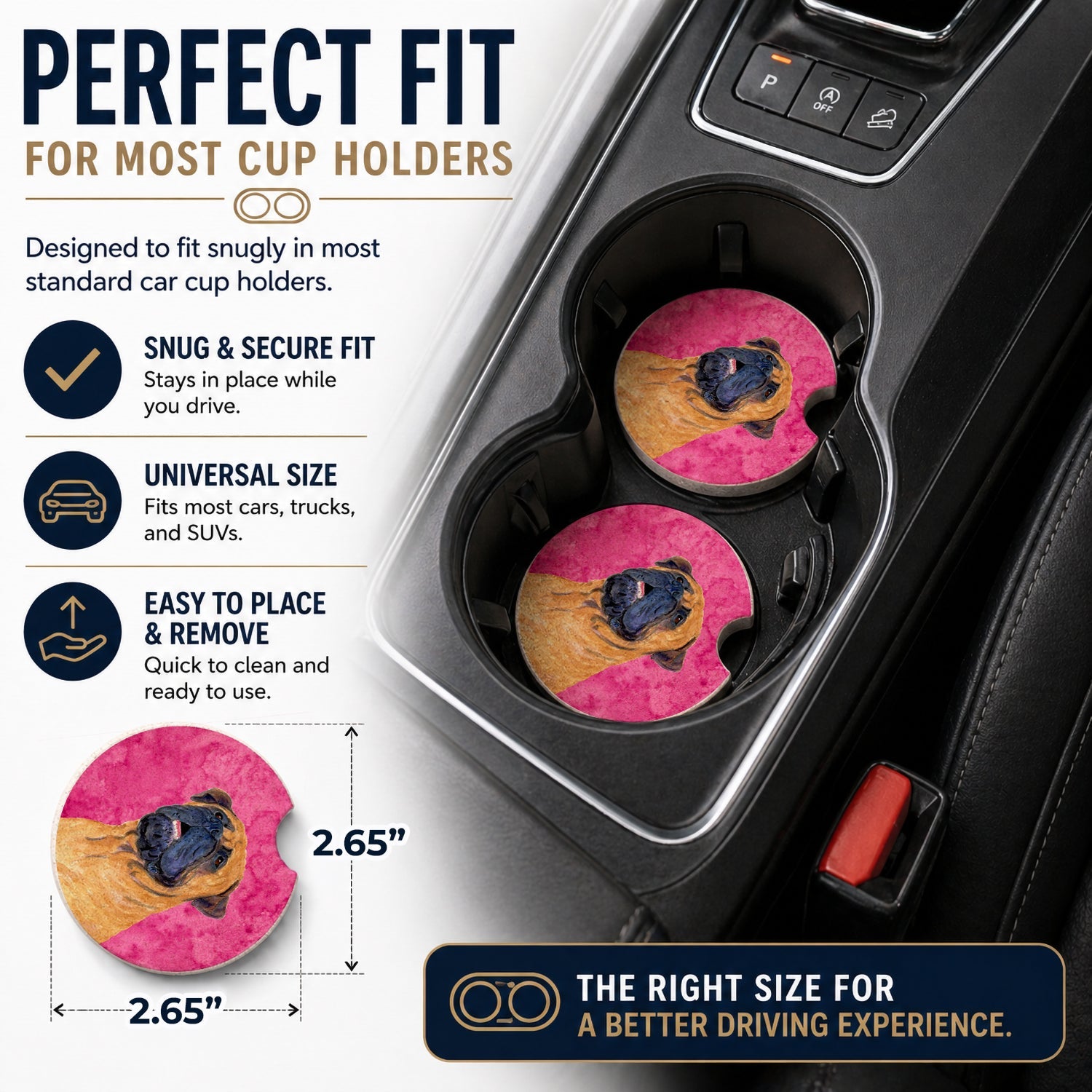 Pink Mastiff Set of 2 Cup Holder Car Coasters Absorbent Round Sandstone Coasters Gifts for Men or Women, 2.5, Multicolor