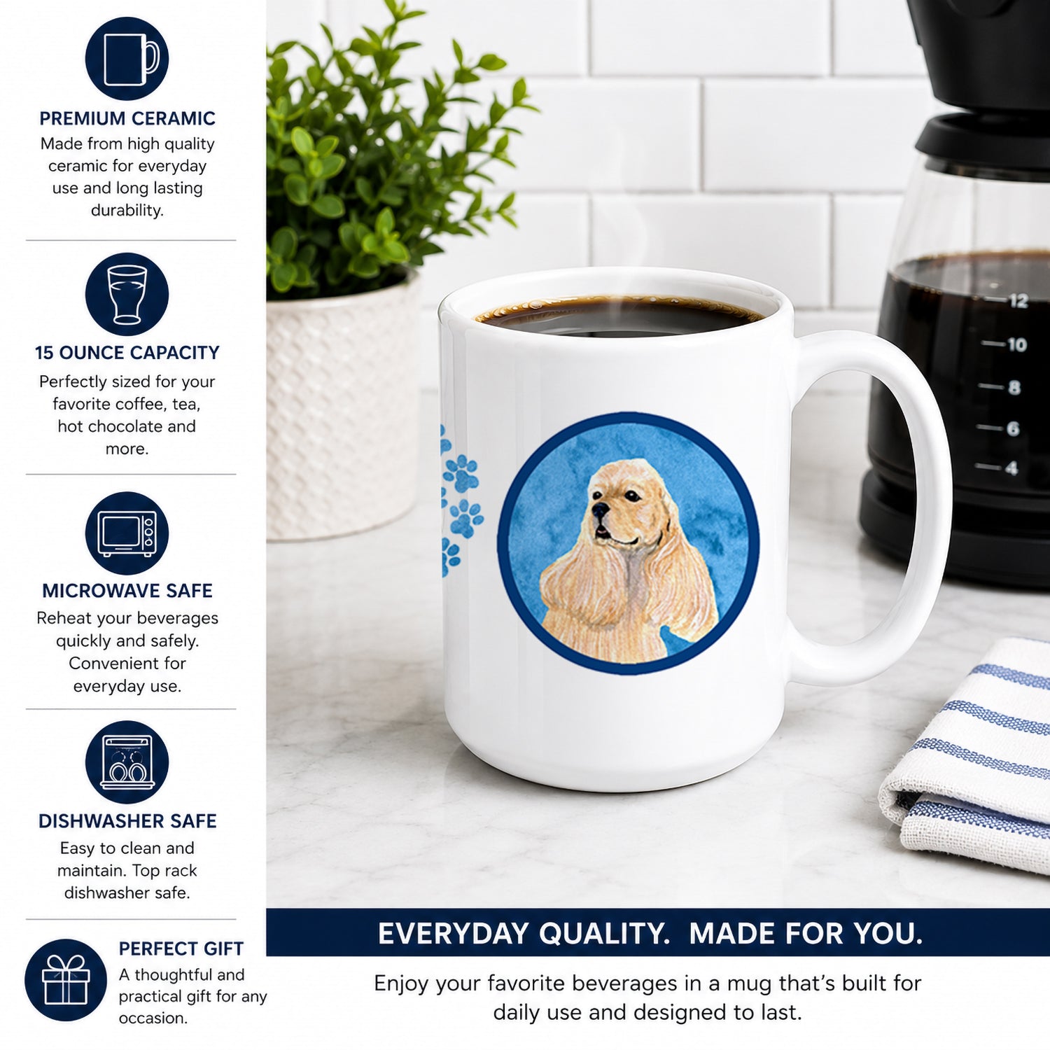 Blue Buff Cocker Spaniel Ceramic Coffee Mug 15 oz Decorative Large C Handle Mug Cup for Tea, Cocoa Hot Chocolate