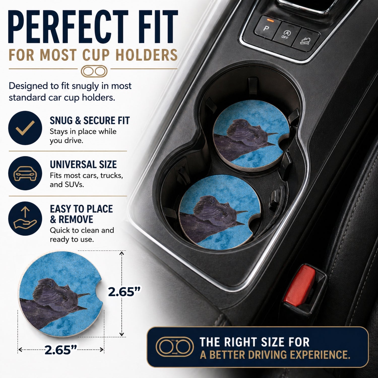 Blue Schnauzer Set of 2 Cup Holder Car Coasters Absorbent Round Sandstone Coasters Gifts for Men or Women, 2.5, Multicolor