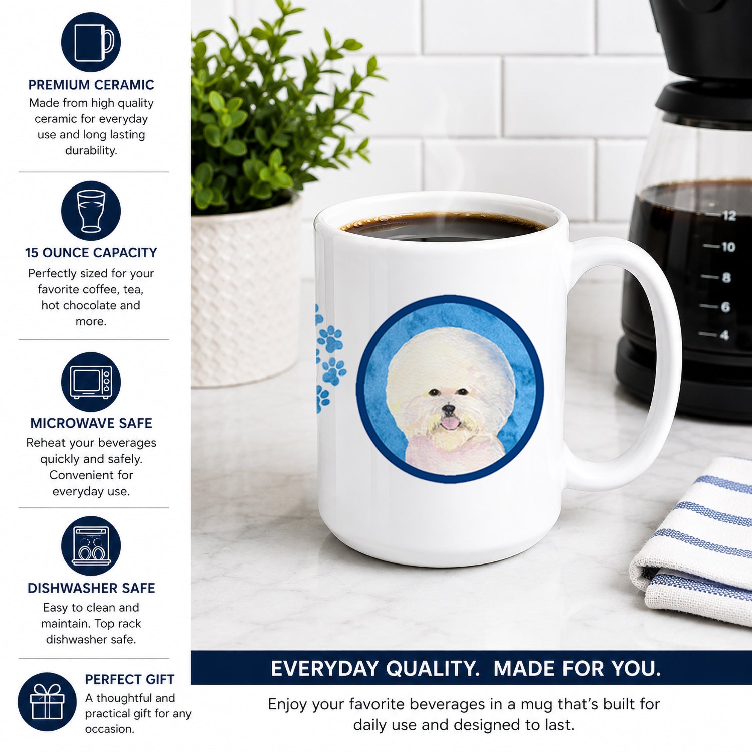 Blue Bichon Frise Ceramic Coffee Mug 15 oz Decorative Large C Handle Mug Cup for Tea, Cocoa Hot Chocolate