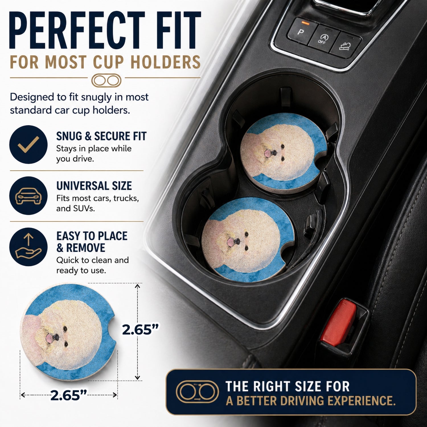 Blue Bichon Frise Set of 2 Cup Holder Car Coasters Absorbent Round Sandstone Coasters Gifts for Men or Women, 2.5, Multicolor