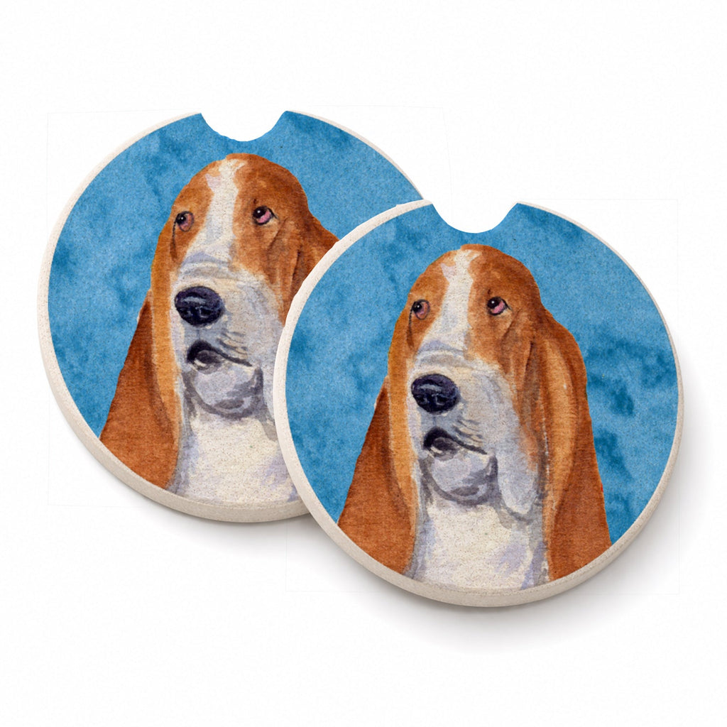 Blue Basset Hound Set of 2 Cup Holder Car Coasters Absorbent Round Sandstone Coasters Gifts for Men or Women, 2.5, Multicolor