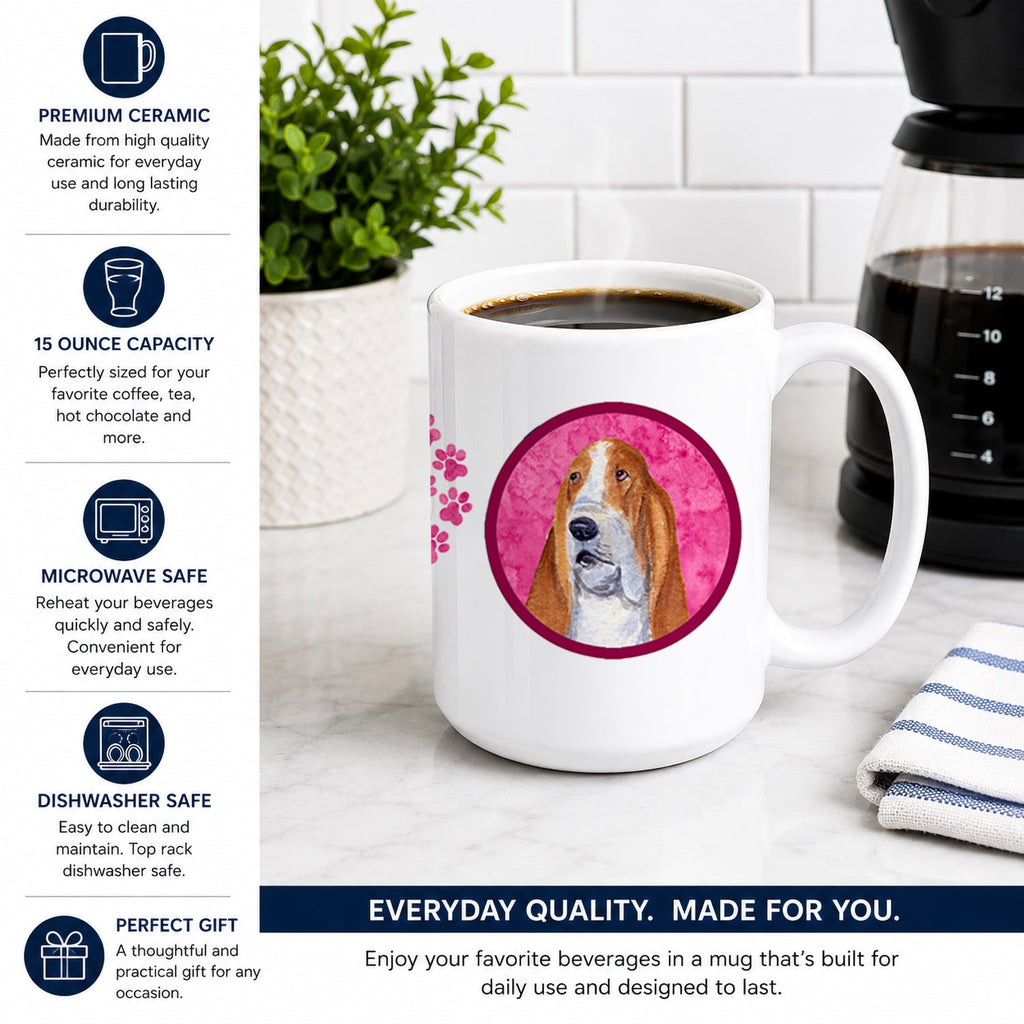 Pink Basset Hound Ceramic Coffee Mug 15 oz Decorative Large C Handle Mug Cup for Tea, Cocoa Hot Chocolate