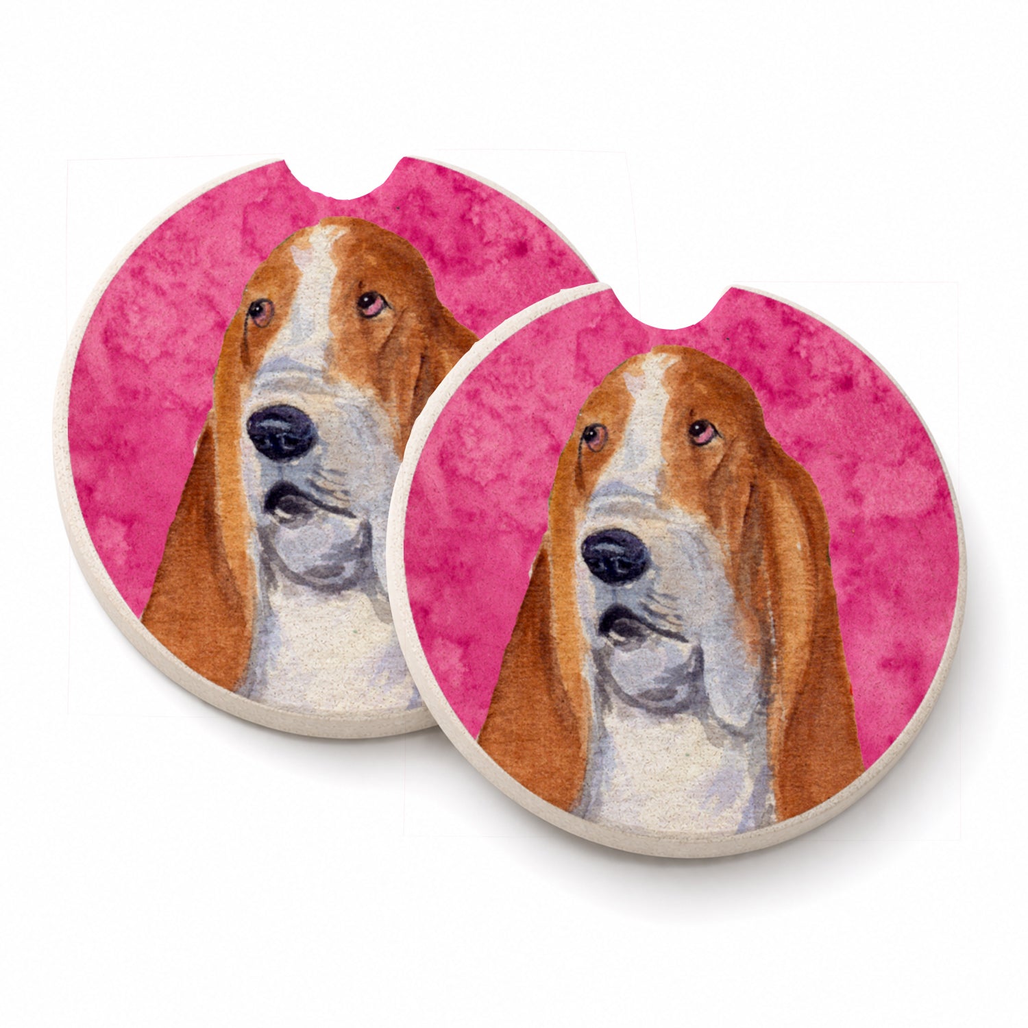 Pink Basset Hound Set of 2 Cup Holder Car Coasters Absorbent Round Sandstone Coasters Gifts for Men or Women, 2.5, Multicolor