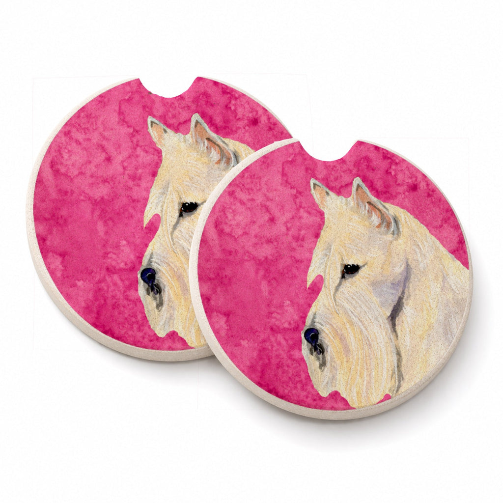 Pink Wheaten Scottish Terrier Set of 2 Cup Holder Car Coasters Absorbent Round Sandstone Coasters Gifts for Men or Women, 2.5, Multicolor