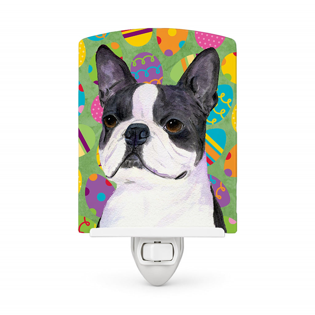 Boston Terrier Easter Eggtravaganza Ceramic Night Light Compact, UL-Certified, Ideal for Bedroom, Bathroom, Nursery, Hallway, Kitchen, 6x4x3, Multicolor
