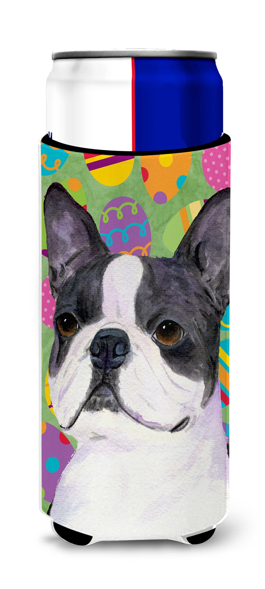 Boston Terrier Easter Eggtravaganza Slim Can Hugger , Insulated Foam Hugger for 12 oz Slim Cans, Beer Bottles & Water Bottles, Printed in USA