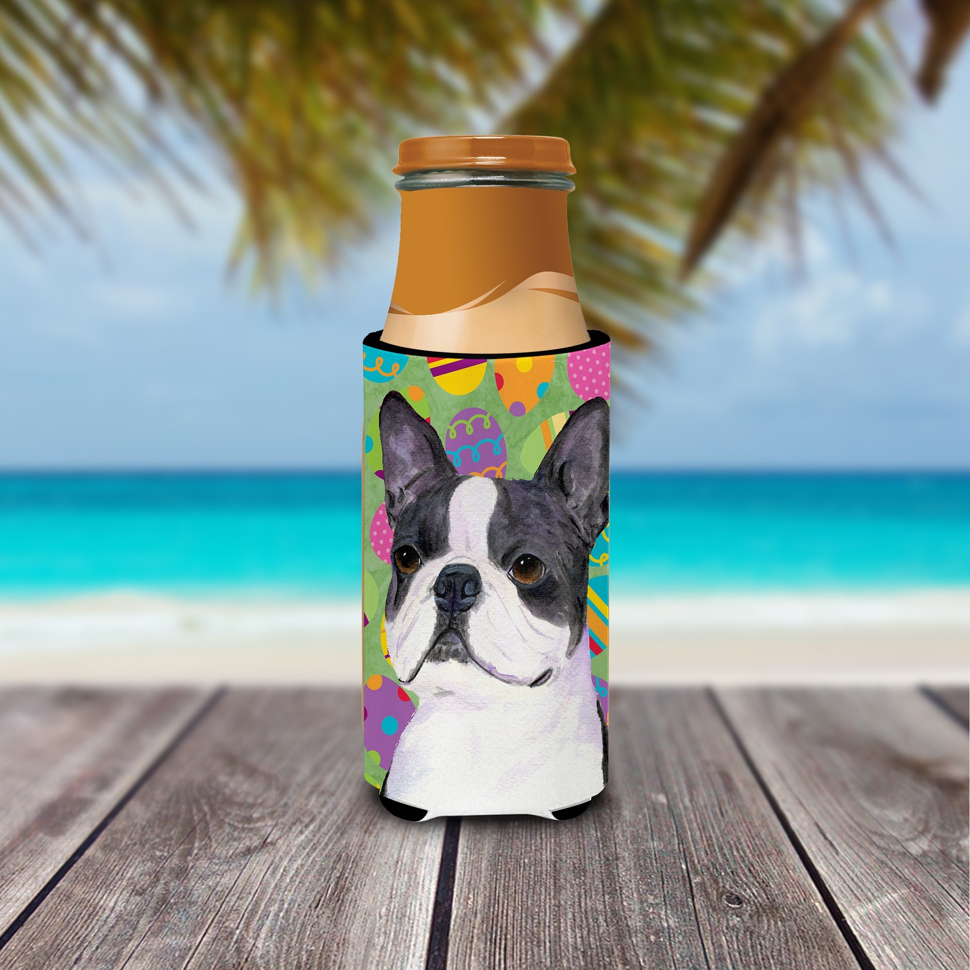 Boston Terrier Easter Eggtravaganza Slim Can Hugger , Insulated Foam Hugger for 12 oz Slim Cans, Beer Bottles & Water Bottles, Printed in USA