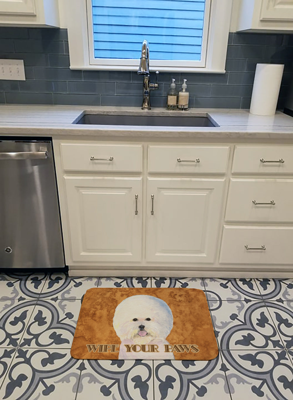 Bichon Frise Wipe your Paws Memory Foam Kitchen Mat Machine Washable Anti-Fatigue Cushion Comfort Bath or Kitchen Rug