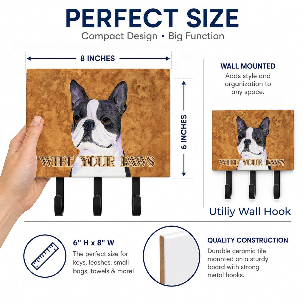 Boston Terrier Wipe your Paws Leash or Key Holder Wall Hooks, Coat Rack Wall Mount, for Hanging Keys, Towels, Aprons, Leashes