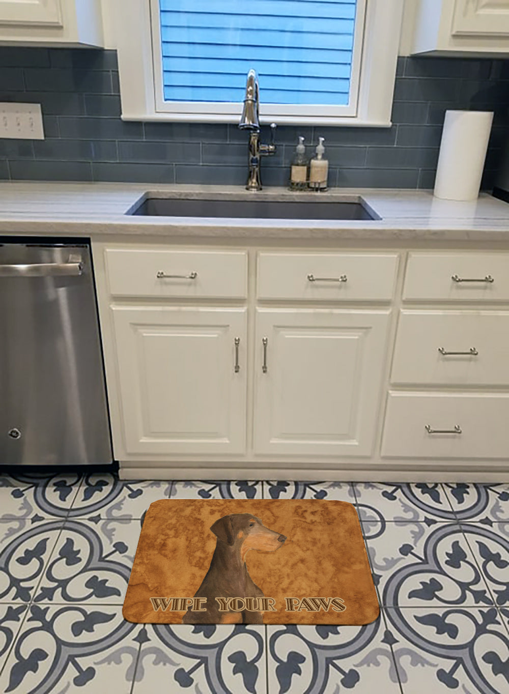 Chocolate Natural Eared Doberman Wipe your Paws Memory Foam Kitchen Mat Machine Washable Anti-Fatigue Cushion Comfort Bath or Kitchen Rug