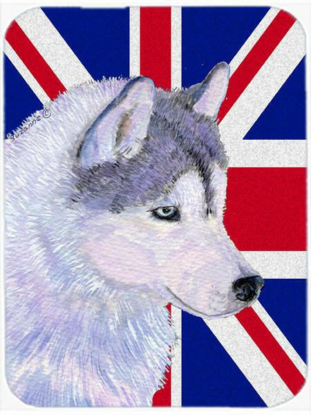 Siberian Husky with English Union Jack British Flag Cutting Board Tempered Glass Kitchen Cutting Surface, Heat Resistant Chopping, Non-Slip Feet, Food Prep & Serving
