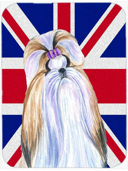 Shih Tzu with English Union Jack British Flag Cutting Board Tempered Glass Kitchen Cutting Surface, Heat Resistant Chopping, Non-Slip Feet, Food Prep & Serving