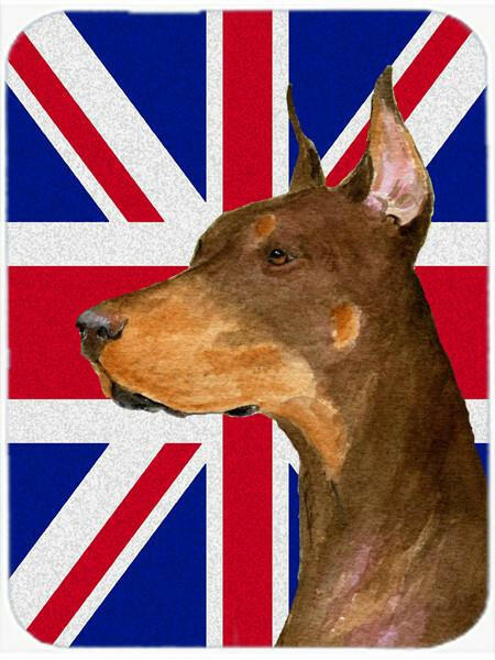 Doberman with English Union Jack British Flag Cutting Board Tempered Glass Kitchen Cutting Surface, Heat Resistant Chopping, Non-Slip Feet, Food Prep & Serving