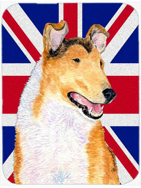 Collie Smooth with English Union Jack British Flag Cutting Board Tempered Glass Kitchen Cutting Surface, Heat Resistant Chopping, Non-Slip Feet, Food Prep & Serving