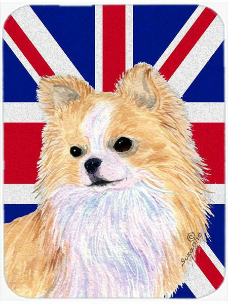 Chihuahua with English Union Jack British Flag Cutting Board Tempered Glass Kitchen Cutting Surface, Heat Resistant Chopping, Non-Slip Feet, Food Prep & Serving