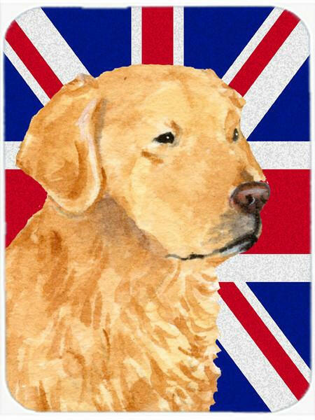 Golden Retriever with English Union Jack British Flag Cutting Board Tempered Glass Kitchen Cutting Surface, Heat Resistant Chopping, Non-Slip Feet, Food Prep & Serving