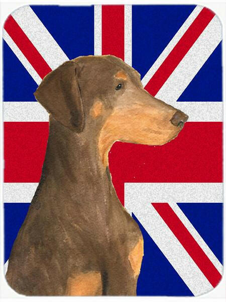 Doberman Natural Ears with English Union Jack British Flag Cutting Board Tempered Glass Kitchen Cutting Surface, Heat Resistant Chopping, Non-Slip Feet, Food Prep & Serving
