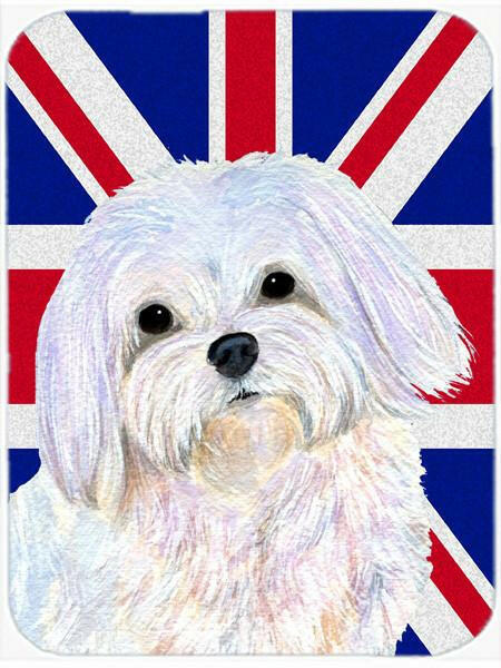 Maltese with English Union Jack British Flag Cutting Board Tempered Glass Kitchen Cutting Surface, Heat Resistant Chopping, Non-Slip Feet, Food Prep & Serving