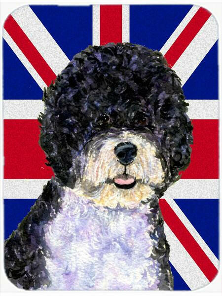 Portuguese Water Dog with English Union Jack British Flag Cutting Board Tempered Glass Kitchen Cutting Surface, Heat Resistant Chopping, Non-Slip Feet, Food Prep & Serving
