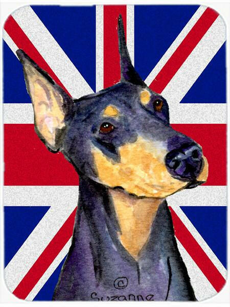 Doberman with English Union Jack British Flag Cutting Board Tempered Glass Kitchen Cutting Surface, Heat Resistant Chopping, Non-Slip Feet, Food Prep & Serving