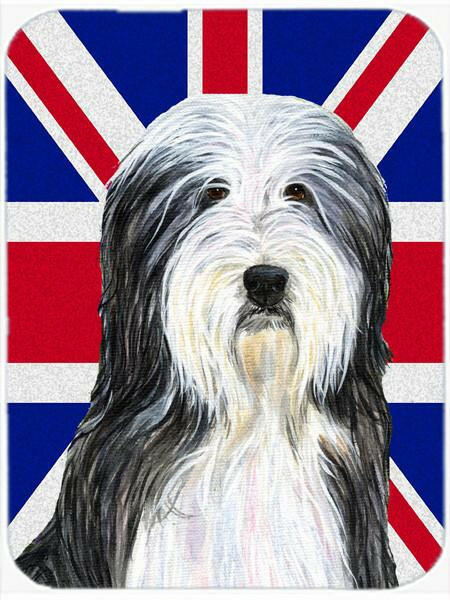 Bearded Collie with English Union Jack British Flag Cutting Board Tempered Glass Kitchen Cutting Surface, Heat Resistant Chopping, Non-Slip Feet, Food Prep & Serving