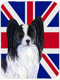 Papillon with English Union Jack British Flag Cutting Board Tempered Glass Kitchen Cutting Surface, Heat Resistant Chopping, Non-Slip Feet, Food Prep & Serving