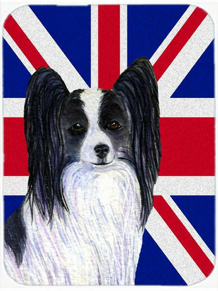Papillon with English Union Jack British Flag Cutting Board Tempered Glass Kitchen Cutting Surface, Heat Resistant Chopping, Non-Slip Feet, Food Prep & Serving