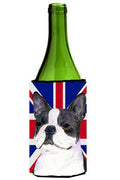 Boston Terrier with English Union Jack British Flag Wine Bottle Hugger Gift Sleeve for Standard 750 ml Bottles, Insulated Reusable Also Fits Mini Shot & Pint Bottles