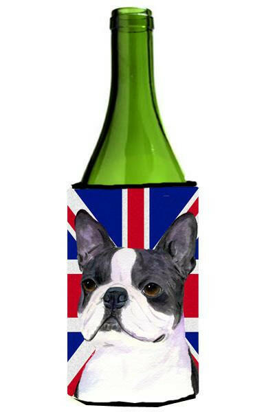 Boston Terrier with English Union Jack British Flag Wine Bottle Hugger Gift Sleeve for Standard 750 ml Bottles, Insulated Reusable Also Fits Mini Shot & Pint Bottles