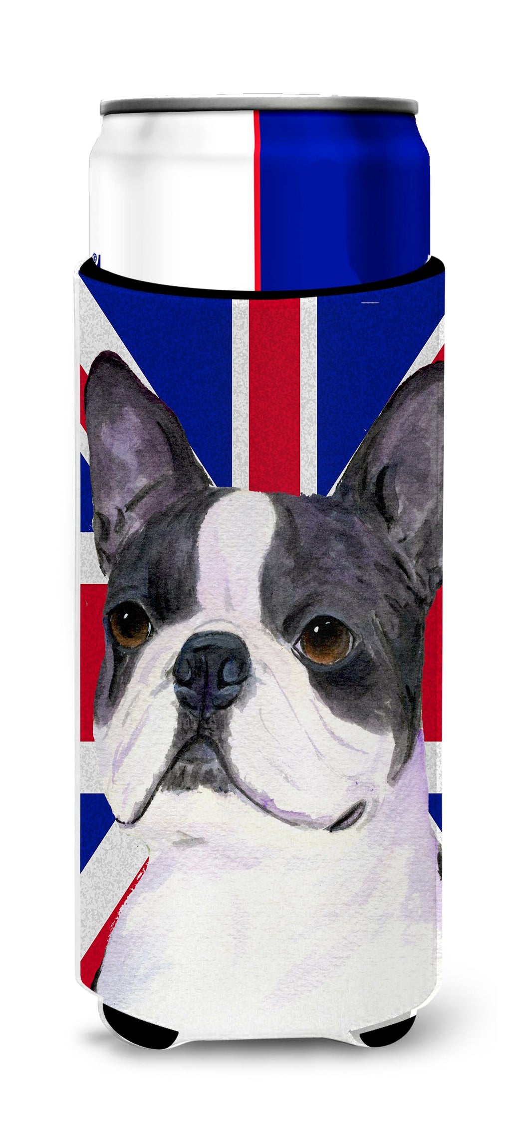 Boston Terrier with English Union Jack British Flag Slim Can Hugger , Insulated Foam Hugger for 12 oz Slim Cans, Beer Bottles & Water Bottles, Printed in USA
