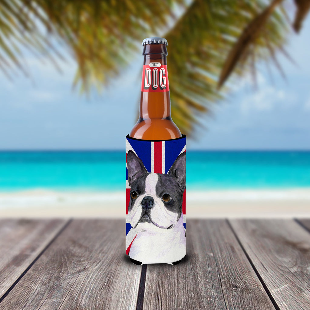 Boston Terrier with English Union Jack British Flag Slim Can Hugger , Insulated Foam Hugger for 12 oz Slim Cans, Beer Bottles & Water Bottles, Printed in USA