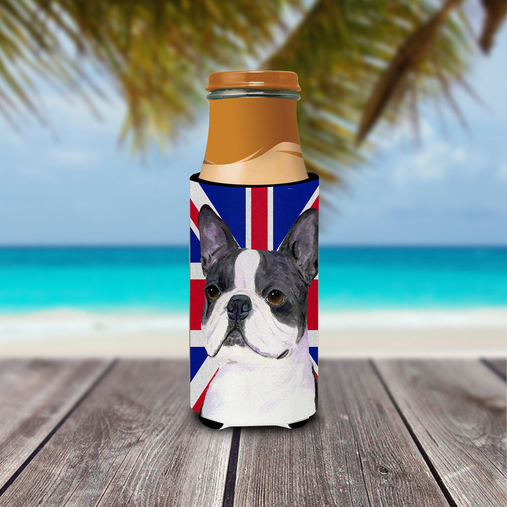 Boston Terrier with English Union Jack British Flag Slim Can Hugger , Insulated Foam Hugger for 12 oz Slim Cans, Beer Bottles & Water Bottles, Printed in USA